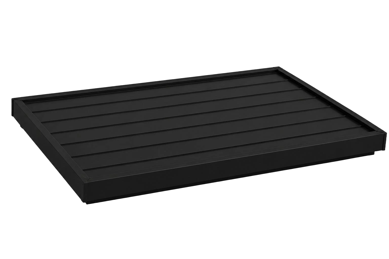 Flat roof metal garden shed showing a low-profile roof form