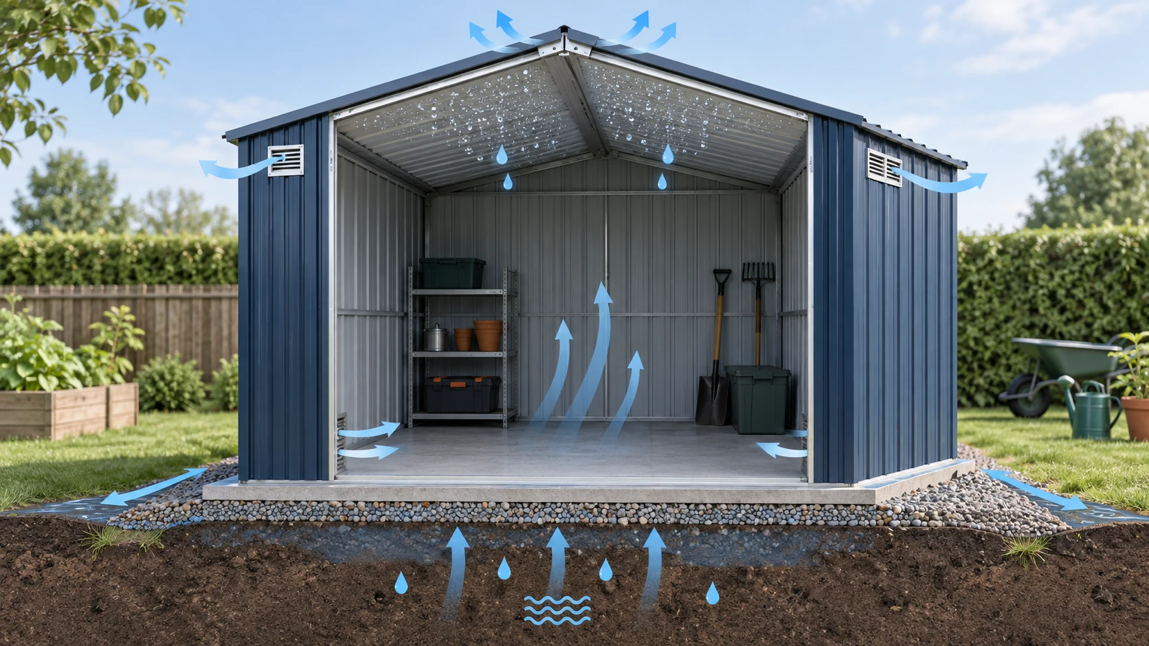 Illustration of moisture airflow roof condensation ground moisture and drainage around a metal shed