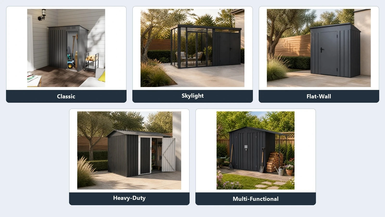 Metal garden shed range showing different product sizes and structures
