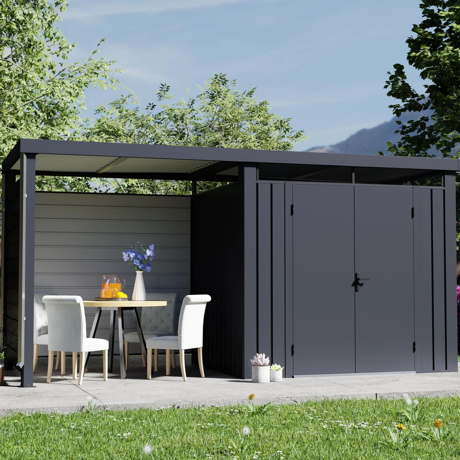 Metalen tuinberging met een aangebouwde overdekte zijruimte voor retailassortimentsplanning