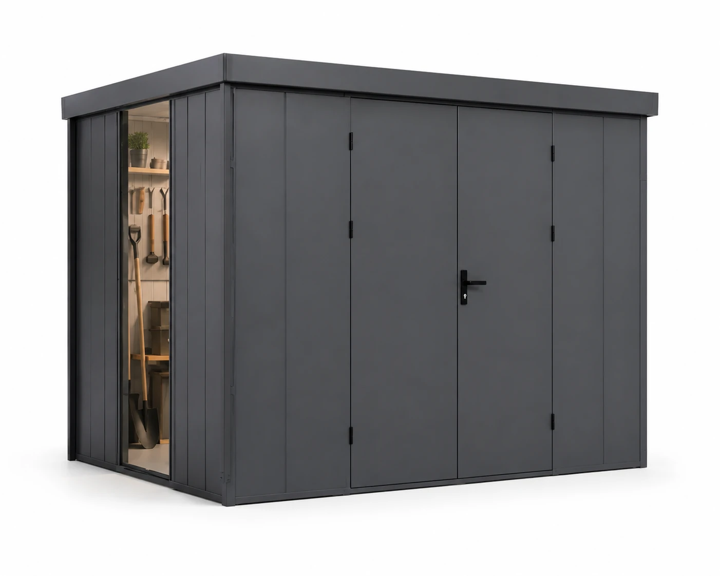Metal garden shed with firewood storage