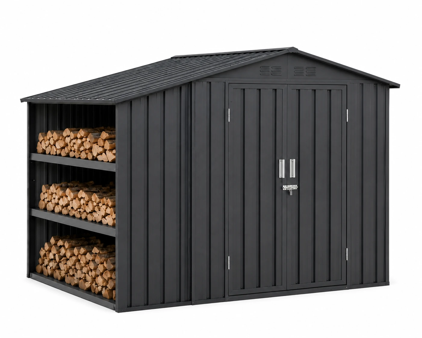 Metal garden shed with log storage