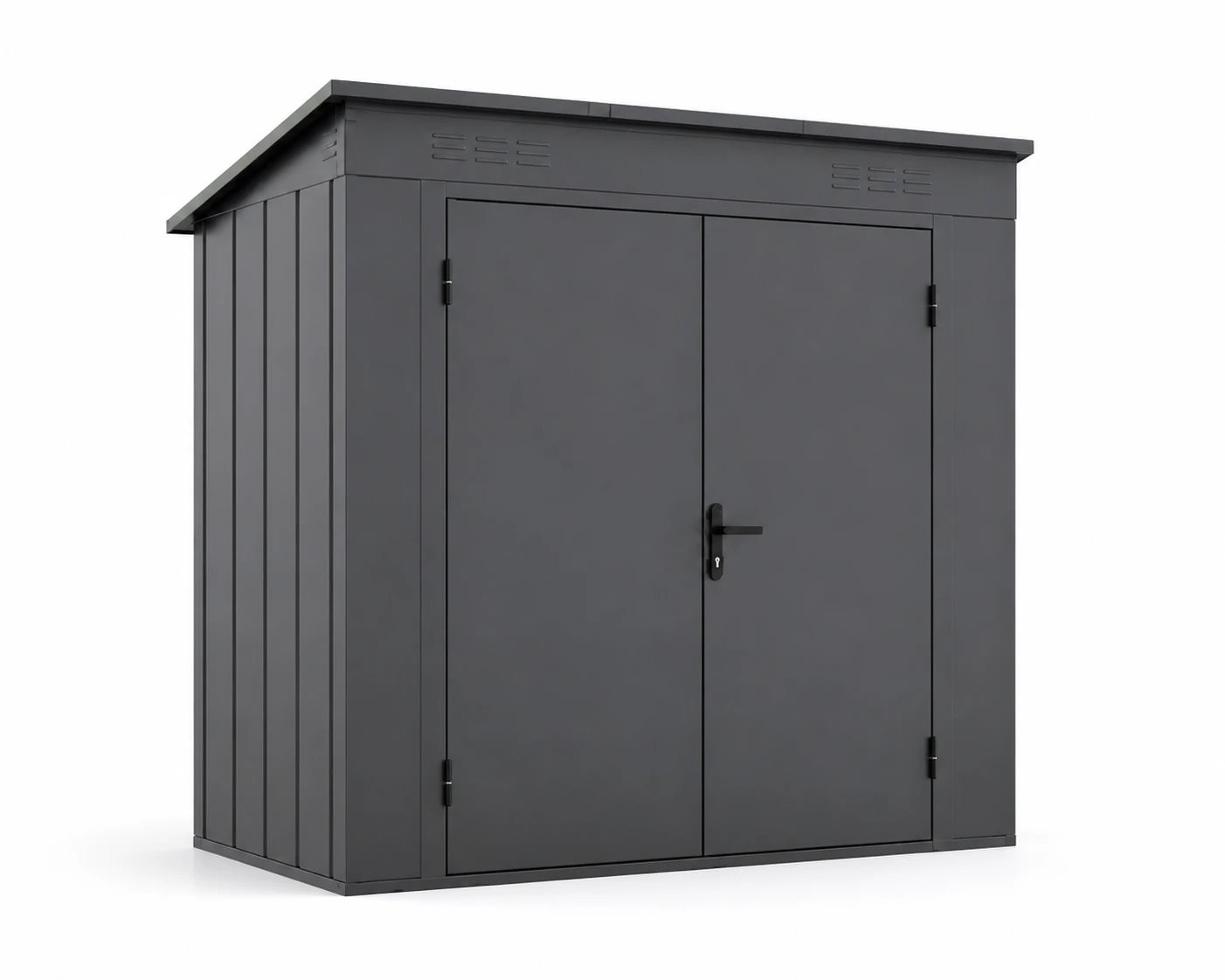 Metal garden shed with sloping roof