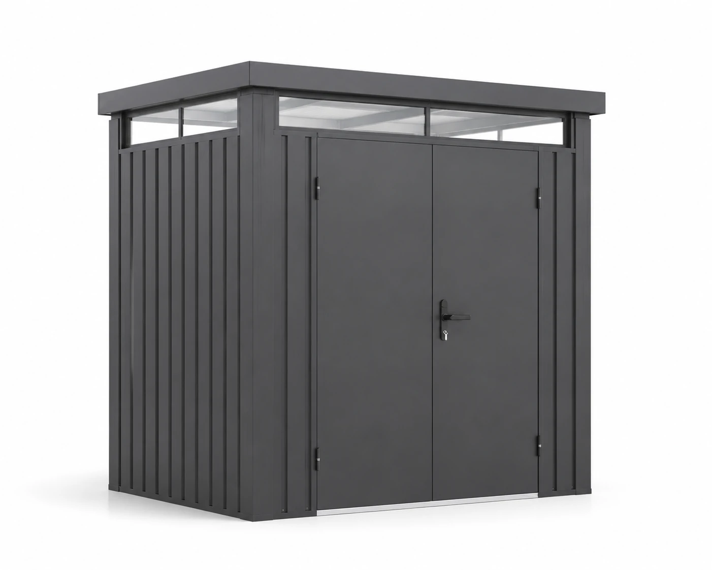 Metal garden shed with upper glazing
