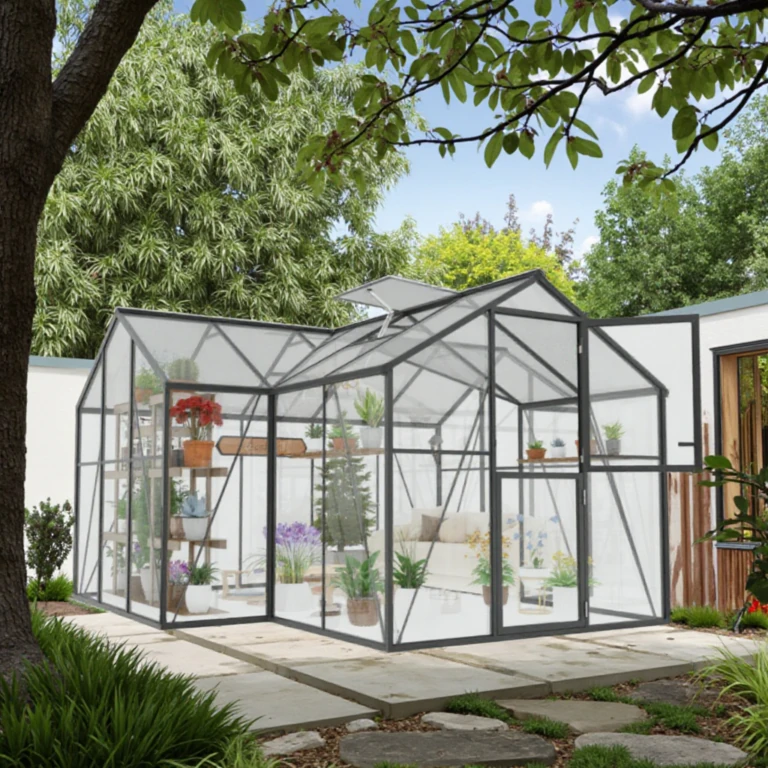 Serre en verre en forme de T avec structure en aluminium et doubles portes